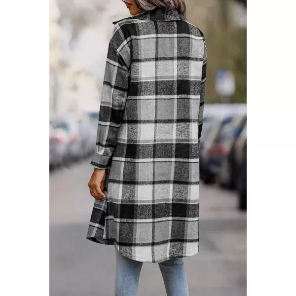 imagePRETTYGARDEN Womens Plaid Shacket 2024 Long Sleeve Button Up Flannel Shirt Winter Tartan Jacket Woolen CoatsGrey