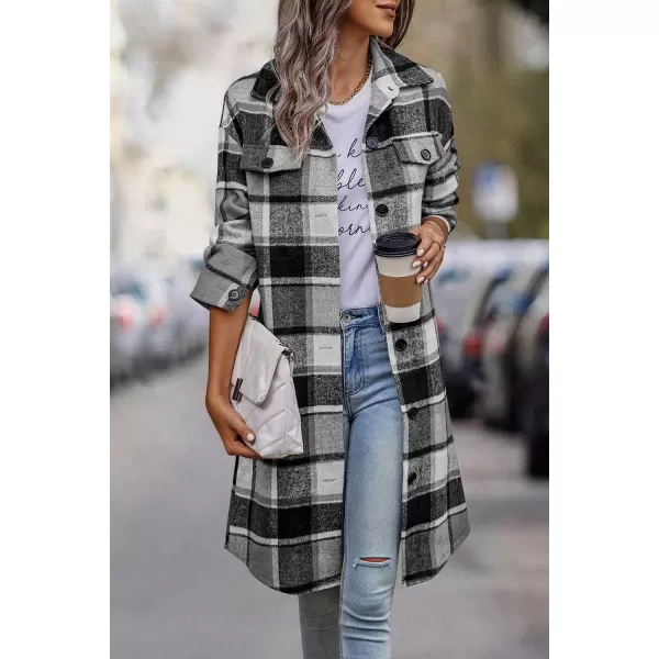 imagePRETTYGARDEN Womens Plaid Shacket 2024 Long Sleeve Button Up Flannel Shirt Winter Tartan Jacket Woolen CoatsGrey