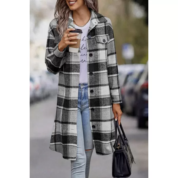 imagePRETTYGARDEN Womens Plaid Shacket 2024 Long Sleeve Button Up Flannel Shirt Winter Tartan Jacket Woolen CoatsGrey