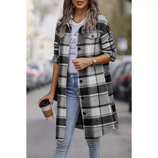imagePRETTYGARDEN Womens Plaid Shacket 2024 Long Sleeve Button Up Flannel Shirt Winter Tartan Jacket Woolen CoatsGrey