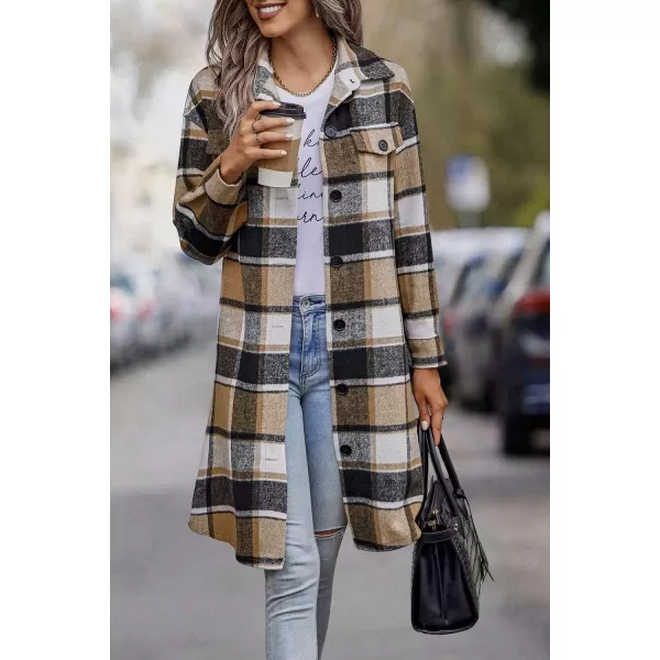 imagePRETTYGARDEN Womens Plaid Shacket 2024 Long Sleeve Button Up Flannel Shirt Winter Tartan Jacket Woolen CoatsKhaki