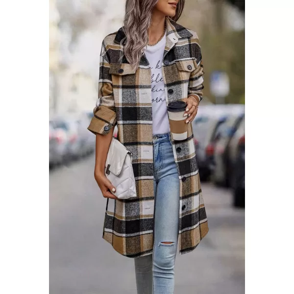 imagePRETTYGARDEN Womens Plaid Shacket 2024 Long Sleeve Button Up Flannel Shirt Winter Tartan Jacket Woolen CoatsKhaki