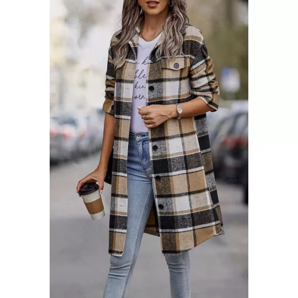 imagePRETTYGARDEN Womens Plaid Shacket 2024 Long Sleeve Button Up Flannel Shirt Winter Tartan Jacket Woolen CoatsKhaki