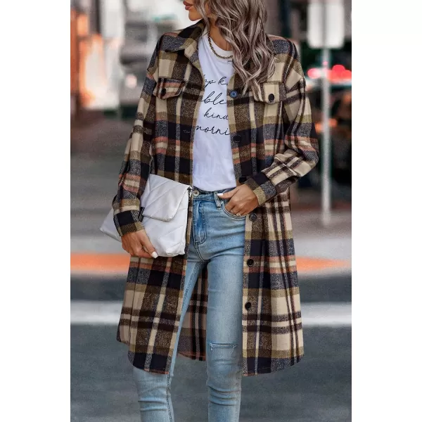 imagePRETTYGARDEN Womens Plaid Shacket 2024 Long Sleeve Button Up Flannel Shirt Winter Tartan Jacket Woolen CoatsNavy