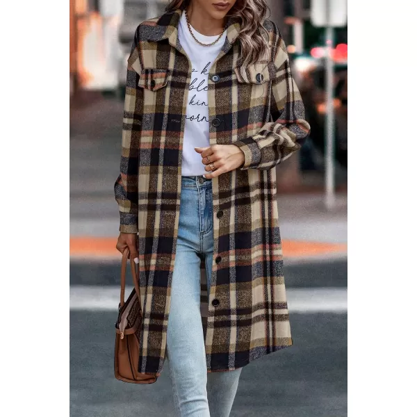 imagePRETTYGARDEN Womens Plaid Shacket 2024 Long Sleeve Button Up Flannel Shirt Winter Tartan Jacket Woolen CoatsNavy