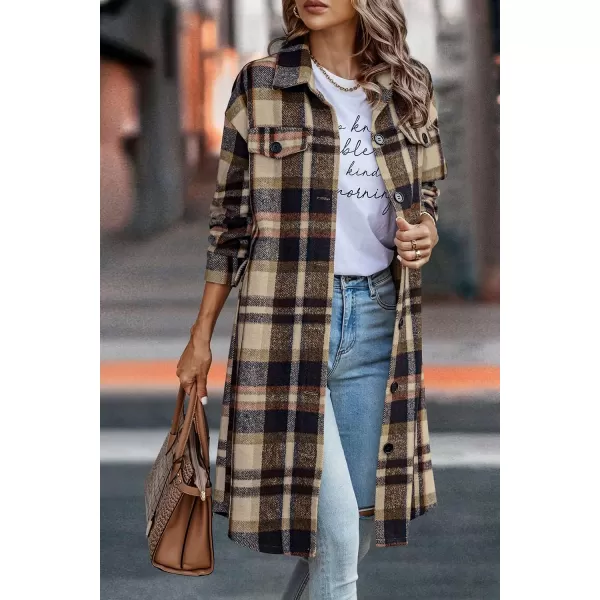 imagePRETTYGARDEN Womens Plaid Shacket 2024 Long Sleeve Button Up Flannel Shirt Winter Tartan Jacket Woolen CoatsNavy
