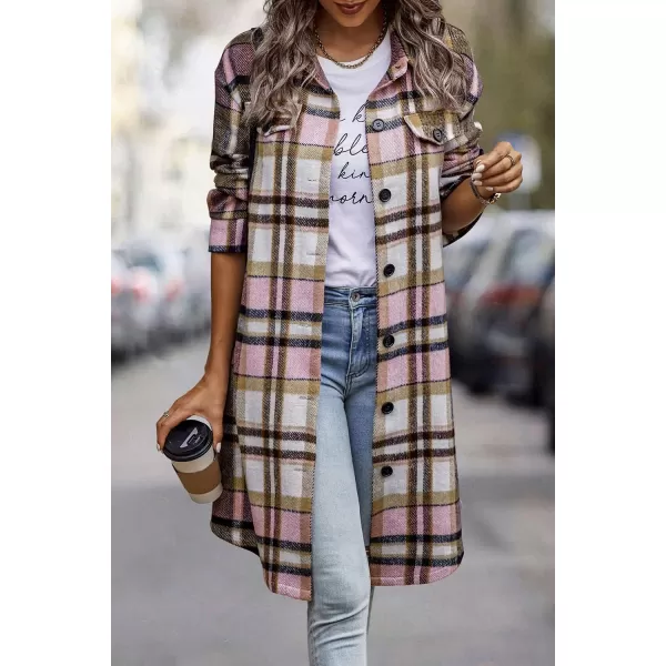 imagePRETTYGARDEN Womens Plaid Shacket 2024 Long Sleeve Button Up Flannel Shirt Winter Tartan Jacket Woolen CoatsPink