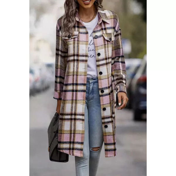 imagePRETTYGARDEN Womens Plaid Shacket 2024 Long Sleeve Button Up Flannel Shirt Winter Tartan Jacket Woolen CoatsPink