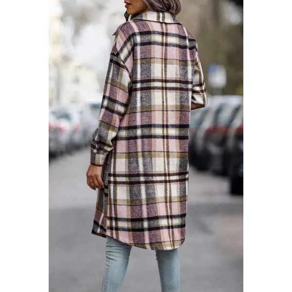 imagePRETTYGARDEN Womens Plaid Shacket 2024 Long Sleeve Button Up Flannel Shirt Winter Tartan Jacket Woolen CoatsPink