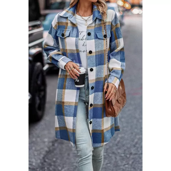 imagePRETTYGARDEN Womens Plaid Shacket 2024 Long Sleeve Button Up Flannel Shirt Winter Tartan Jacket Woolen CoatsPlaid Blue White