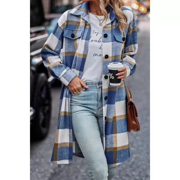 imagePRETTYGARDEN Womens Plaid Shacket 2024 Long Sleeve Button Up Flannel Shirt Winter Tartan Jacket Woolen CoatsPlaid Blue White
