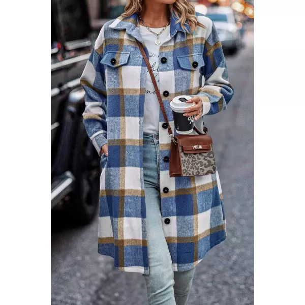imagePRETTYGARDEN Womens Plaid Shacket 2024 Long Sleeve Button Up Flannel Shirt Winter Tartan Jacket Woolen CoatsPlaid Blue White