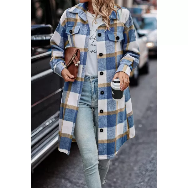 imagePRETTYGARDEN Womens Plaid Shacket 2024 Long Sleeve Button Up Flannel Shirt Winter Tartan Jacket Woolen CoatsPlaid Blue White