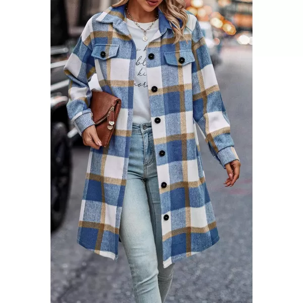 imagePRETTYGARDEN Womens Plaid Shacket 2024 Long Sleeve Button Up Flannel Shirt Winter Tartan Jacket Woolen CoatsPlaid Blue White