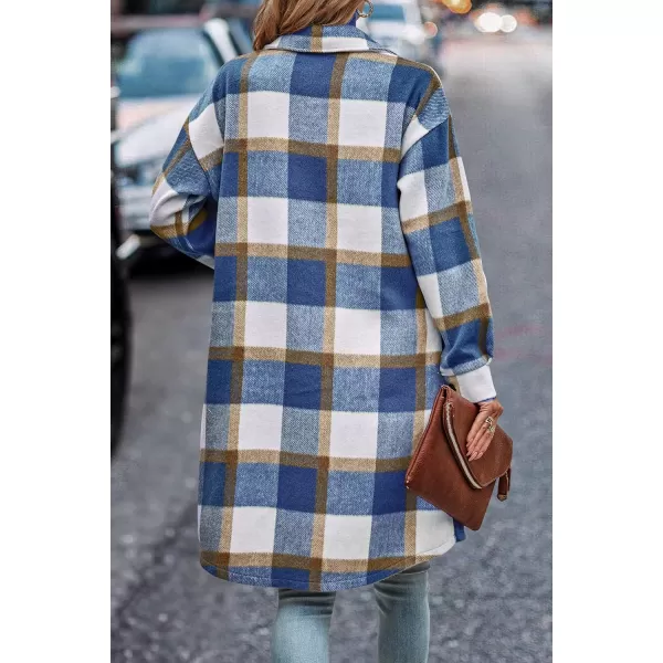 imagePRETTYGARDEN Womens Plaid Shacket 2024 Long Sleeve Button Up Flannel Shirt Winter Tartan Jacket Woolen CoatsPlaid Blue White