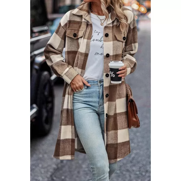 imagePRETTYGARDEN Womens Plaid Shacket 2024 Long Sleeve Button Up Flannel Shirt Winter Tartan Jacket Woolen CoatsPlaid Brown