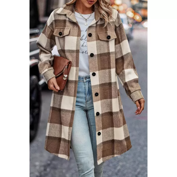imagePRETTYGARDEN Womens Plaid Shacket 2024 Long Sleeve Button Up Flannel Shirt Winter Tartan Jacket Woolen CoatsPlaid Brown