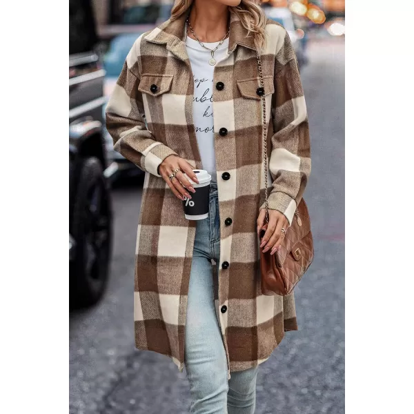 imagePRETTYGARDEN Womens Plaid Shacket 2024 Long Sleeve Button Up Flannel Shirt Winter Tartan Jacket Woolen CoatsPlaid Brown