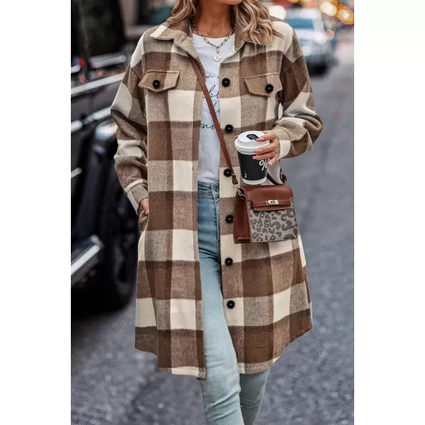 imagePRETTYGARDEN Womens Plaid Shacket 2024 Long Sleeve Button Up Flannel Shirt Winter Tartan Jacket Woolen CoatsPlaid Brown