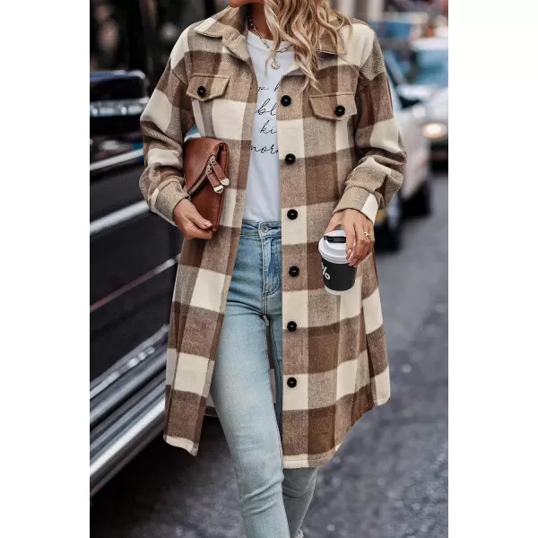 imagePRETTYGARDEN Womens Plaid Shacket 2024 Long Sleeve Button Up Flannel Shirt Winter Tartan Jacket Woolen CoatsPlaid Brown