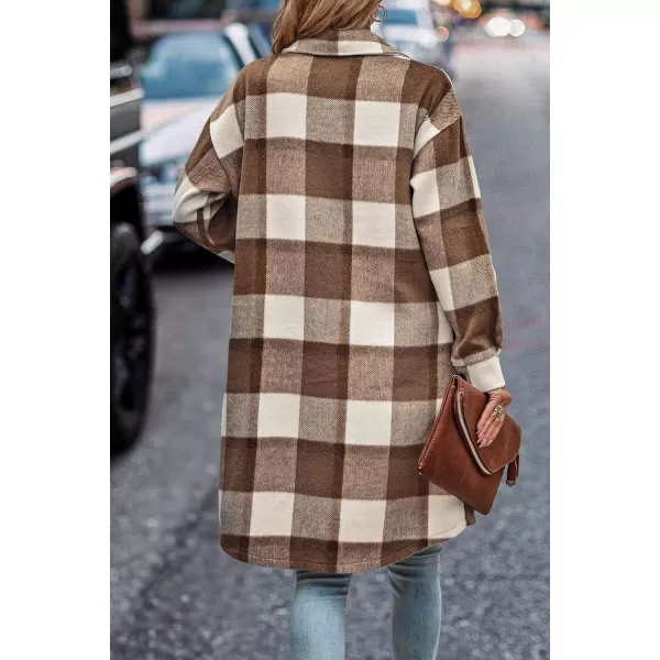 imagePRETTYGARDEN Womens Plaid Shacket 2024 Long Sleeve Button Up Flannel Shirt Winter Tartan Jacket Woolen CoatsPlaid Brown