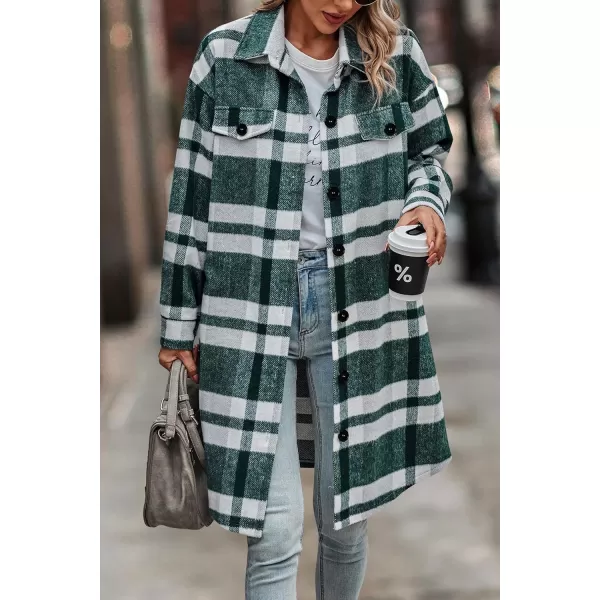 imagePRETTYGARDEN Womens Plaid Shacket 2024 Long Sleeve Button Up Flannel Shirt Winter Tartan Jacket Woolen CoatsPlaid Dark Green