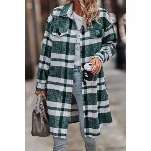 imagePRETTYGARDEN Womens Plaid Shacket 2024 Long Sleeve Button Up Flannel Shirt Winter Tartan Jacket Woolen CoatsPlaid Dark Green