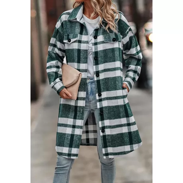imagePRETTYGARDEN Womens Plaid Shacket 2024 Long Sleeve Button Up Flannel Shirt Winter Tartan Jacket Woolen CoatsPlaid Dark Green