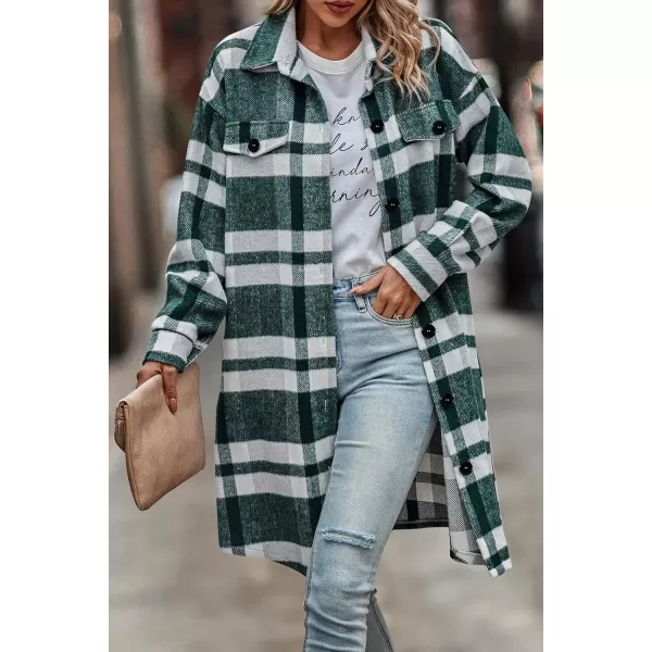 imagePRETTYGARDEN Womens Plaid Shacket 2024 Long Sleeve Button Up Flannel Shirt Winter Tartan Jacket Woolen CoatsPlaid Dark Green