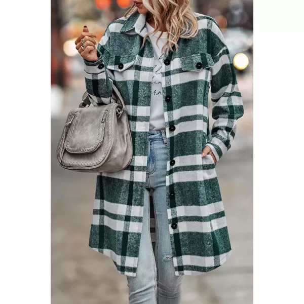 imagePRETTYGARDEN Womens Plaid Shacket 2024 Long Sleeve Button Up Flannel Shirt Winter Tartan Jacket Woolen CoatsPlaid Dark Green