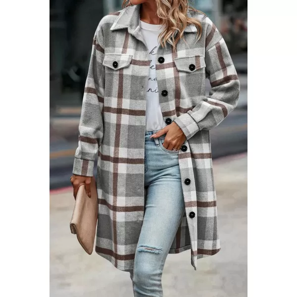 imagePRETTYGARDEN Womens Plaid Shacket 2024 Long Sleeve Button Up Flannel Shirt Winter Tartan Jacket Woolen CoatsPlaid Grey