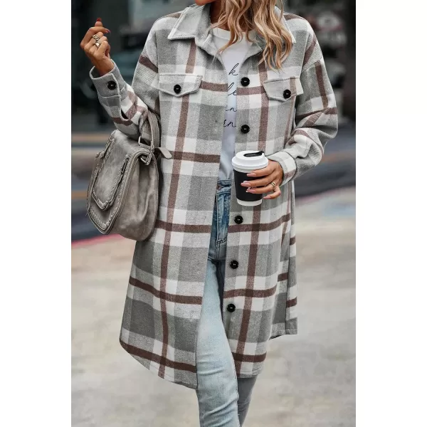 imagePRETTYGARDEN Womens Plaid Shacket 2024 Long Sleeve Button Up Flannel Shirt Winter Tartan Jacket Woolen CoatsPlaid Grey