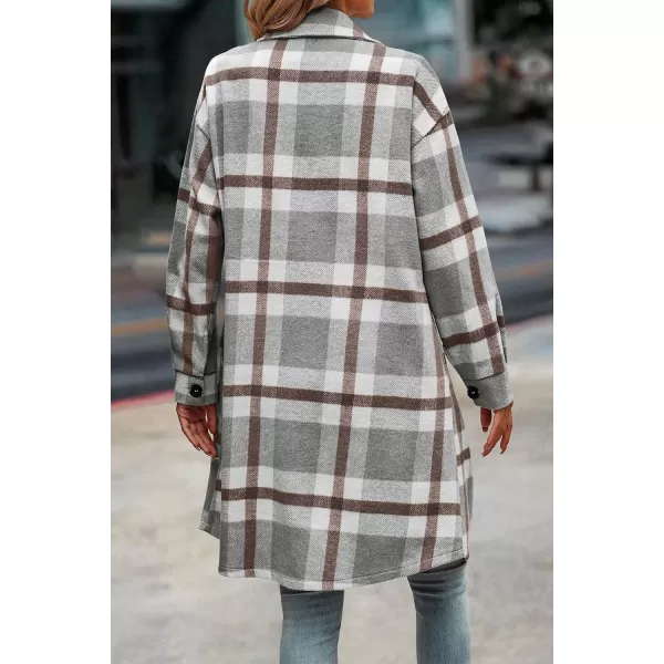 imagePRETTYGARDEN Womens Plaid Shacket 2024 Long Sleeve Button Up Flannel Shirt Winter Tartan Jacket Woolen CoatsPlaid Grey