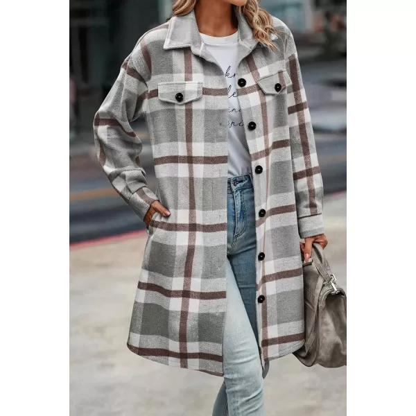 imagePRETTYGARDEN Womens Plaid Shacket 2024 Long Sleeve Button Up Flannel Shirt Winter Tartan Jacket Woolen CoatsPlaid Grey