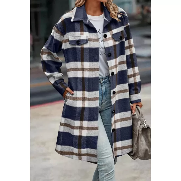 imagePRETTYGARDEN Womens Plaid Shacket 2024 Long Sleeve Button Up Flannel Shirt Winter Tartan Jacket Woolen CoatsPlaid Navy