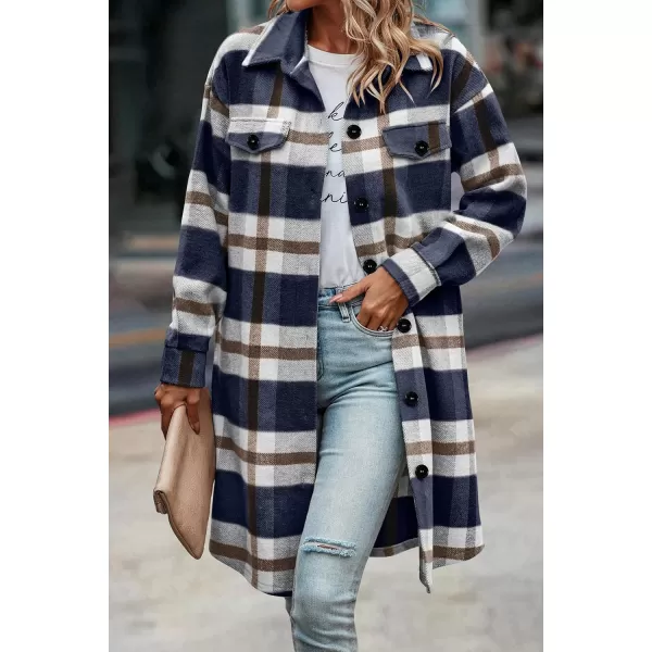 imagePRETTYGARDEN Womens Plaid Shacket 2024 Long Sleeve Button Up Flannel Shirt Winter Tartan Jacket Woolen CoatsPlaid Navy