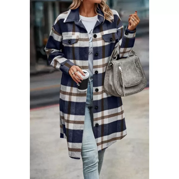 imagePRETTYGARDEN Womens Plaid Shacket 2024 Long Sleeve Button Up Flannel Shirt Winter Tartan Jacket Woolen CoatsPlaid Navy