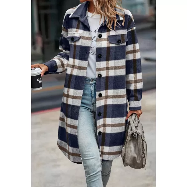 imagePRETTYGARDEN Womens Plaid Shacket 2024 Long Sleeve Button Up Flannel Shirt Winter Tartan Jacket Woolen CoatsPlaid Navy