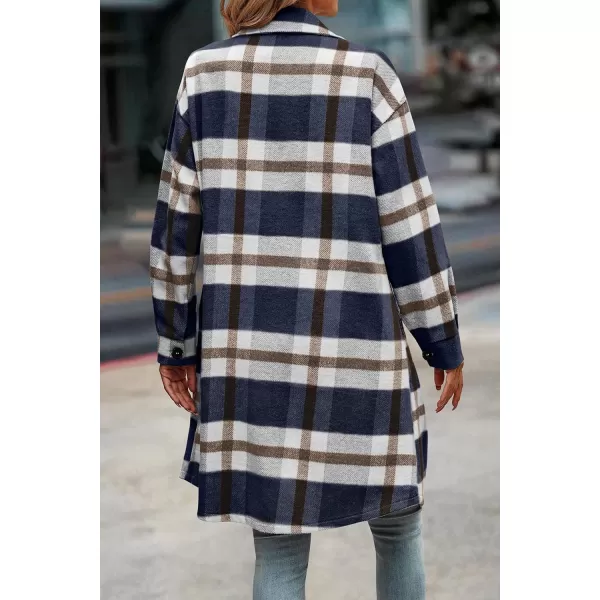 imagePRETTYGARDEN Womens Plaid Shacket 2024 Long Sleeve Button Up Flannel Shirt Winter Tartan Jacket Woolen CoatsPlaid Navy