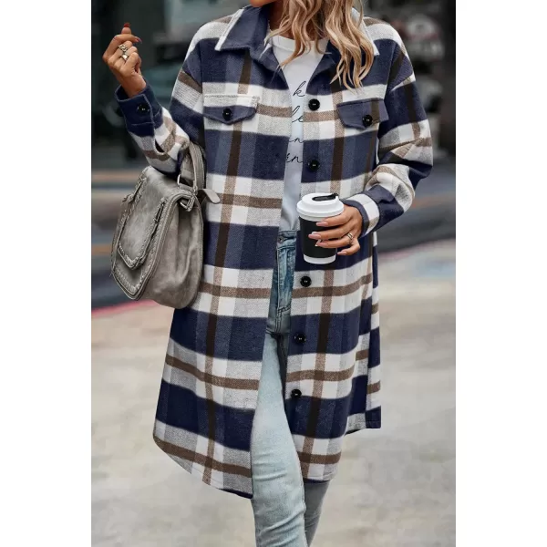 imagePRETTYGARDEN Womens Plaid Shacket 2024 Long Sleeve Button Up Flannel Shirt Winter Tartan Jacket Woolen CoatsPlaid Navy
