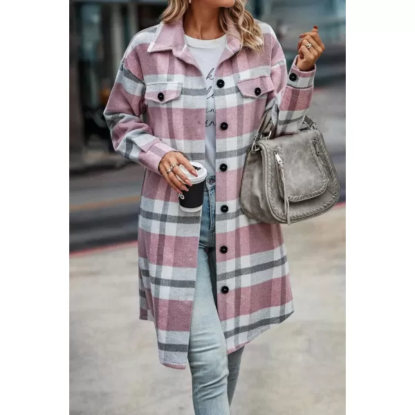 imagePRETTYGARDEN Womens Plaid Shacket 2024 Long Sleeve Button Up Flannel Shirt Winter Tartan Jacket Woolen CoatsPlaid Pink