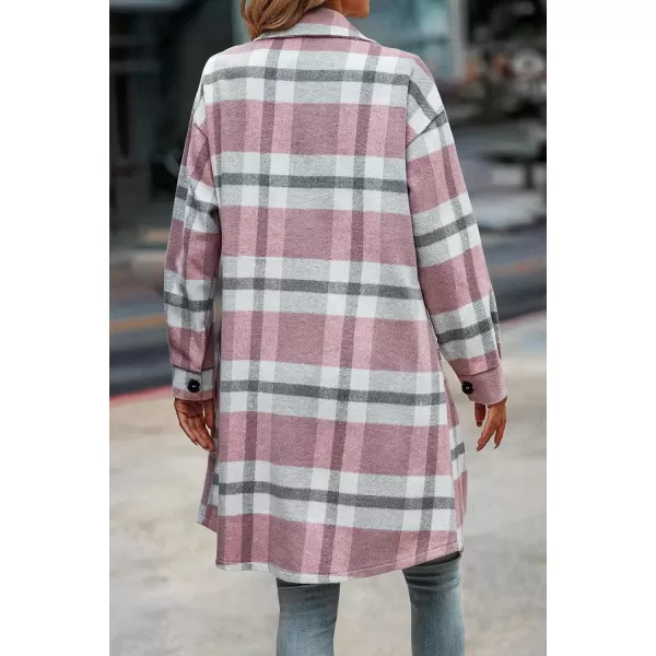 imagePRETTYGARDEN Womens Plaid Shacket 2024 Long Sleeve Button Up Flannel Shirt Winter Tartan Jacket Woolen CoatsPlaid Pink