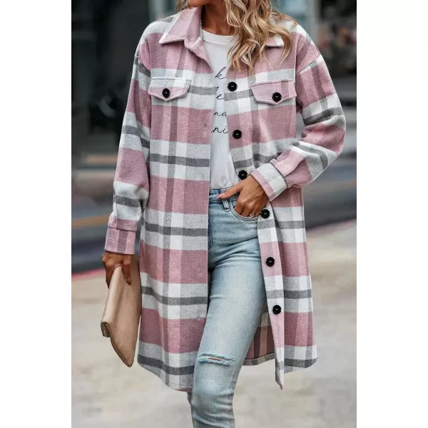 imagePRETTYGARDEN Womens Plaid Shacket 2024 Long Sleeve Button Up Flannel Shirt Winter Tartan Jacket Woolen CoatsPlaid Pink