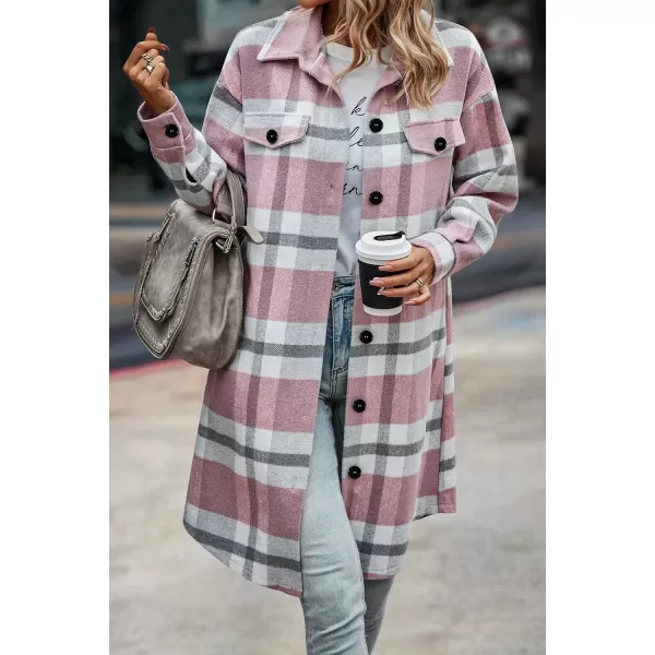 imagePRETTYGARDEN Womens Plaid Shacket 2024 Long Sleeve Button Up Flannel Shirt Winter Tartan Jacket Woolen CoatsPlaid Pink