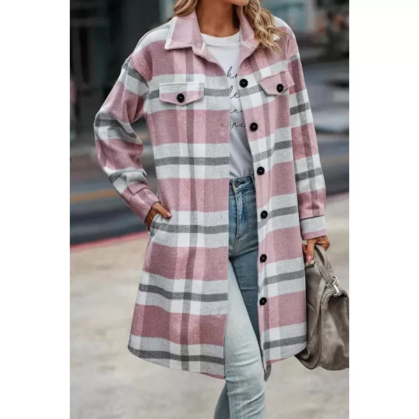 imagePRETTYGARDEN Womens Plaid Shacket 2024 Long Sleeve Button Up Flannel Shirt Winter Tartan Jacket Woolen CoatsPlaid Pink