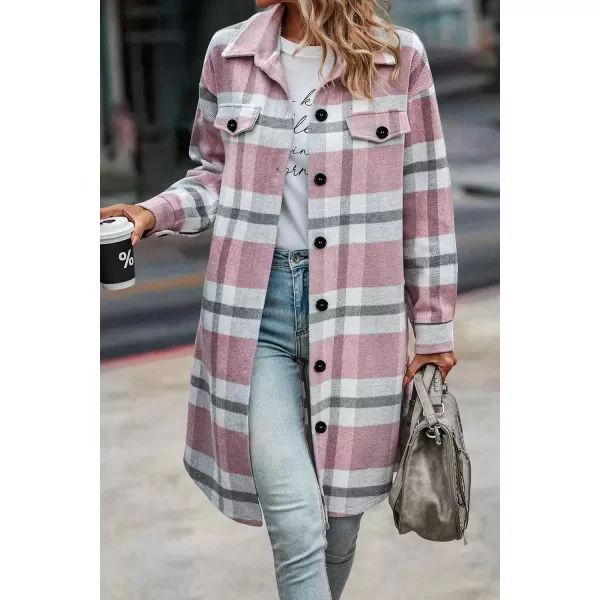 imagePRETTYGARDEN Womens Plaid Shacket 2024 Long Sleeve Button Up Flannel Shirt Winter Tartan Jacket Woolen CoatsPlaid Pink