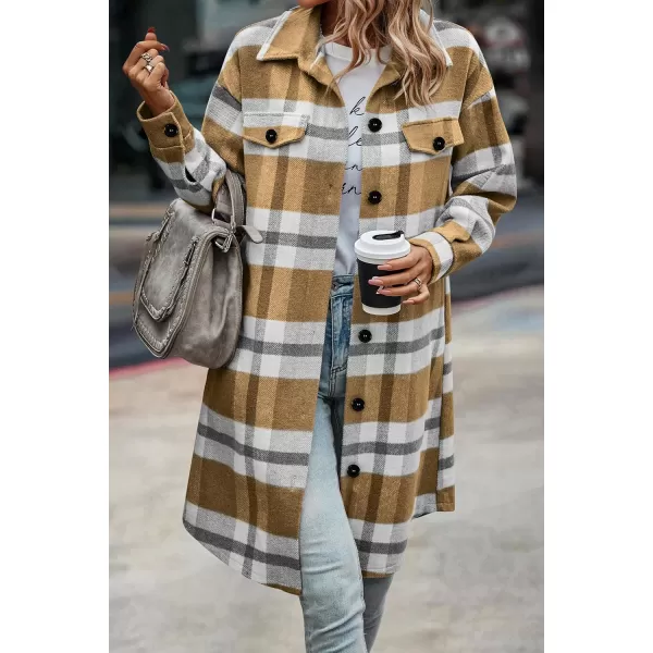 imagePRETTYGARDEN Womens Plaid Shacket 2024 Long Sleeve Button Up Flannel Shirt Winter Tartan Jacket Woolen CoatsPlaid Yellow