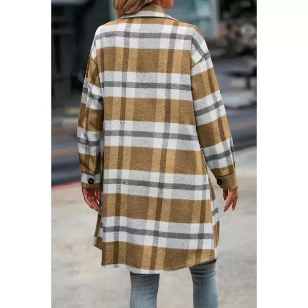 imagePRETTYGARDEN Womens Plaid Shacket 2024 Long Sleeve Button Up Flannel Shirt Winter Tartan Jacket Woolen CoatsPlaid Yellow