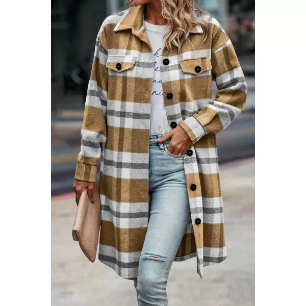 imagePRETTYGARDEN Womens Plaid Shacket 2024 Long Sleeve Button Up Flannel Shirt Winter Tartan Jacket Woolen CoatsPlaid Yellow