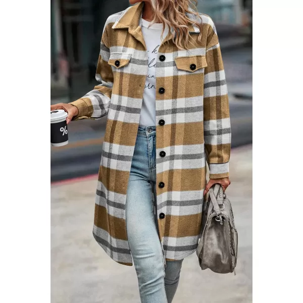 imagePRETTYGARDEN Womens Plaid Shacket 2024 Long Sleeve Button Up Flannel Shirt Winter Tartan Jacket Woolen CoatsPlaid Yellow